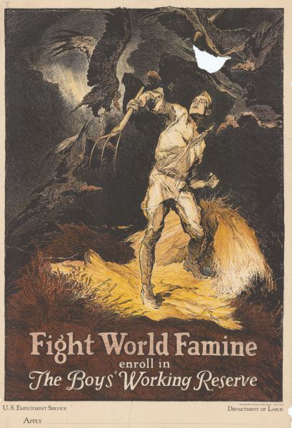 Poster featuring an illustration of a boy battling a kettle of vultures. The boy is holding a pitchfork in one hand and making a fist with the other. Poster text reads: "Fight World Famine enroll in The Boys' Working Reserve."