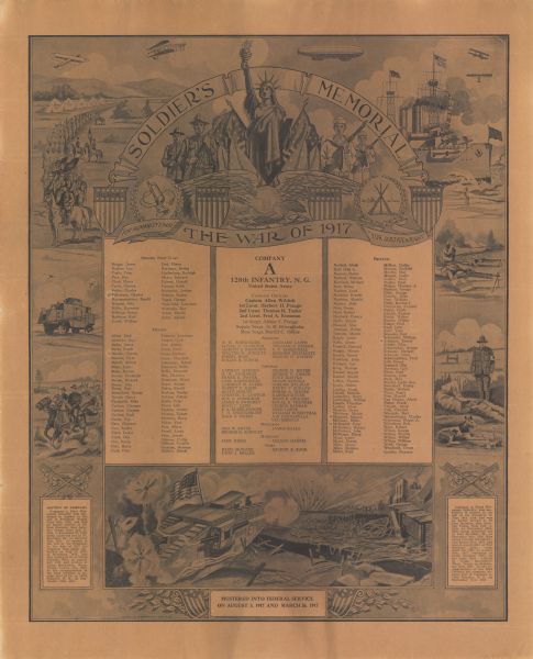 Memorial poster for the members of Company A, First and Third Wisconsin, 128th Infantry. Poster includes a banner with the Statue of Liberty between a soldier and a sailor, with shields that read Honor, Loyalty, Peace, and Humanity. Around the border of the poster are images of soldiers riding horses, soldiers in tanks, in combat, in ships, firing guns, and a wounded soldier helped by a nurse and dog. In addition to the list of names and a company history, poster text reads: "Soldier's Memorial, The War of 1917. Company A, 128th Infantry, N.G., United States Army. Mustered into Federal Service on August 3, 1917 and March 26, 1917."