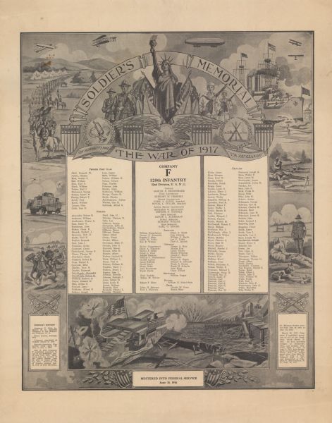 Memorial poster for the members of Company F, Third Wisconsin, 128th Infantry, 32nd Division. Text reads: "Company F [Third Wisconsin], 128th Infantry, 32nd Division, U.S.N.G. [National Guard], [United States Army]. And at bottom: "Mustered into Federal Service June 30, 1916." Poster includes a banner with the Statue of Liberty between a soldier and a sailor, with shields that read Honor, Loyalty, Peace, and Humanity. Around the border of the poster are images of soldiers riding horses, in tanks, in combat, in ships, firing guns, and a wounded soldier helped by a nurse and dog.