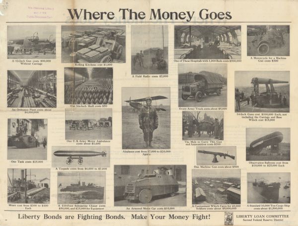 Front side of a double-sided poster, showing through photographs the resources purchased using Liberty Bonds. Poster text reads: "Where the Money Goes. A 12-Inch Gun costs $80,000 without carriage. An Ordnance Plant costs about $4,000,000. One Tank costs $25,000. Mines cost from $300 to $400 each. Rolling Kitchens cost $1,000. One Six-Inch Shell costs $50. One U.S. Army Motor Ambulance costs about $1,600. A Torpedo costs from $6,000 to $7,000. A 110-Foot Submarine Chaser costs $50,000 and $25,000 for equipment. A Field Radio costs $2,000. Airplanes cost from $7,000 to $20,000 apiece. An Armored Motor Car costs $10,000. One of these Hospitals with 1,000 Beds costs $500,000. Every Army Truck costs about $5,000. The Mule to Carry This Gun and Ammunition costs $200. One Machine Gun costs about $500. A Cantonment Which Cares for 40,000 Soldiers costs $9,000,000. A Motorcycle for a Machine Gun costs $300. 14-Inch Guns cost $100,000 Each, not including the Carriage and Base, Which cost $15,000. Observation Balloons cost from $18,000 to $25,000 Each. A Standard 10,000-Ton Cargo Ship costs about $1,500,000. Liberty Bonds Are Fighting Bonds. Make Your Money Fight!"