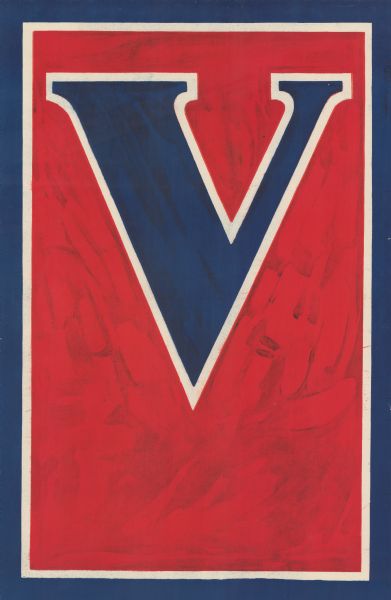 Poster featuring a blue "V," outlined in white, on a red background, with a blue and white border.