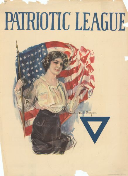 Poster with an illustration of a young woman wearing a white shirt and black skirt carrying a large flowing U.S. flag behind her back. There is an  upside down blue triangle which is the YWCA logo on the lower right. Poster reads: "Patriotic League."