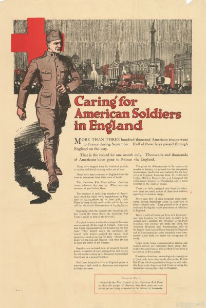 Poster featuring an illustration of a man in a uniform walking on the left side. Behind him is the Red Cross insignia is in the top left side of the poster, and in the background is a city scene with heavy traffic.   