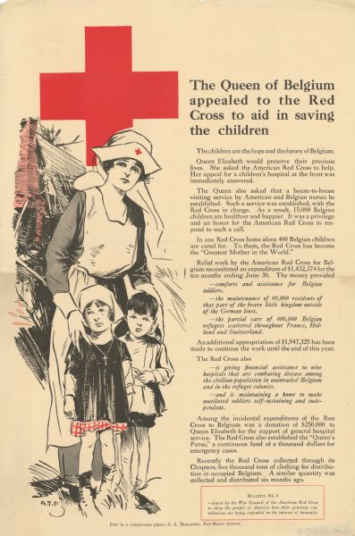 Poster featuring an illustration of a woman and two children standing together. The woman is wearing a Red Cross hat. There Red Cross insignia is in the upper left area of the poster. 