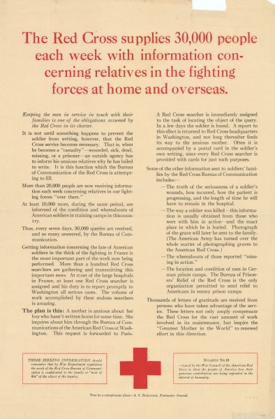 The Red Cross insignia is in the bottom center of the poster. Text at the top reads: "The Red Cross Supplies 30,000 People Each Week With Information Concerning Relatives In the Fighting Forces at Home and Overseas."