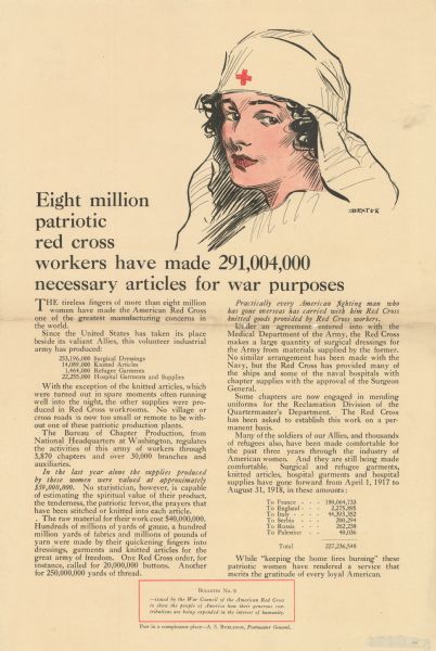 Poster featuring an illustration of a woman wearing a hat with the Red Cross insignia on it. Details are about the contributions that women have made towards the war effort.  
