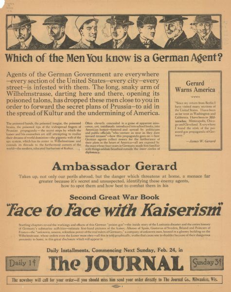 Across the top of the poster are portrait images of seven men. The poster is a blown up page from "The Journal." This particular article is about watching out for German Agents in the United States. 