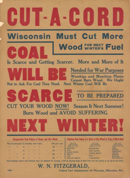 Poster with blue and red text. Text reads: "Cut-A-Cord. Wisconsin must cut more wood for next winter's fuel. Coal is scarce and getting scarcer. More and more of it will be needed for war purposes. Warships and munition plants cannot burn wood. We ought not to ask for coal they need. Next winter coal will be scarce. To be prepared. Cut your wood now! Season it next summer! Burn wood and avoid suffering next winder! Comparative fuel values of green and dry wood...Relative fuel value of a cord of dry wood in tons of hard coal... Coal burning stoves and furnaces may be adapted for burning wood by placing strips of sheet iron over the grates or by use of fire brick. W.N. Fitzgerald, Federal fuel administrator for Wisconsin, Milwaukee, Wis."