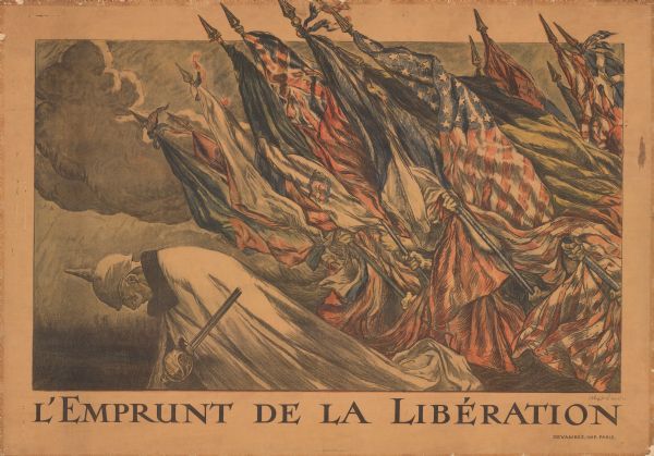 Group of men holding flags of the US, UK, France, and other allied countries over a German man bowed down wearing a white cape and holding a broken sword. The flags are pushing him forward. Text reads: "L'emprunt de la liberation."