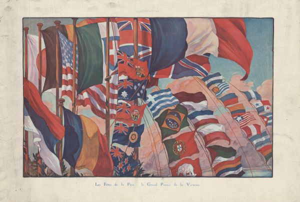 Poster with an illustration of flags from many different countries. The French flag is at the forefront. Text at top reads: "L'Illustration." Text at bottom reads: "Les Fêtes de la Paix : le Grand Pavois de la Victoire."