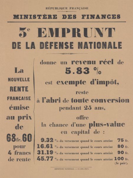 Text poster reads, in part: "Republique Francaise. Ministere des finances. 3e emprunt de la Défense nationale. donne un revenu reel de 5.83%...."