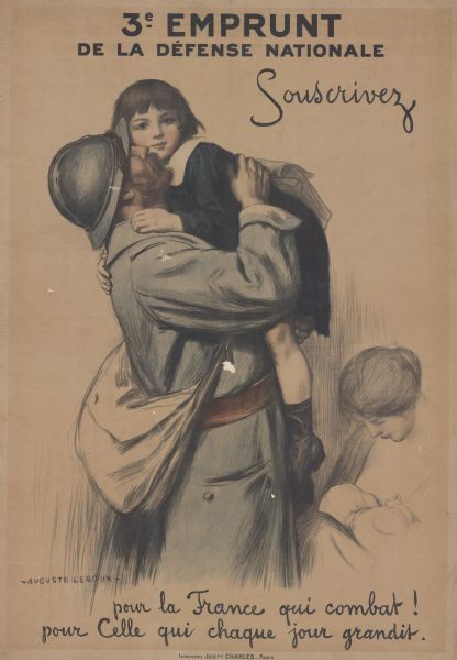 Poster with an illustration depicting a French soldier hugging a child, and a woman nursing a baby. Text reads "3e Emprunt de la Défense Nationale. Souscrivez pour la France qui combat! Pour celle qui chaque jour grandit."