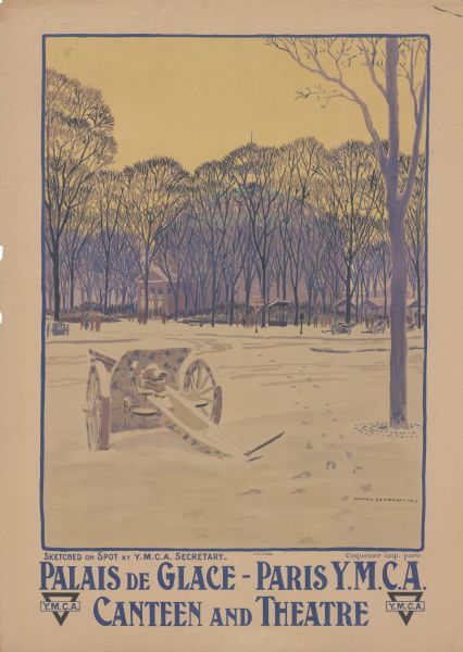 Poster with an illustration of a snowy field with bare trees and snow-covered artillery. People are walking toward a lit theater in the background. Text reads: "Palais de Glace — Paris YMCA Canteen and Theatre." The YMCA logo is at the bottom of the poster on each side.