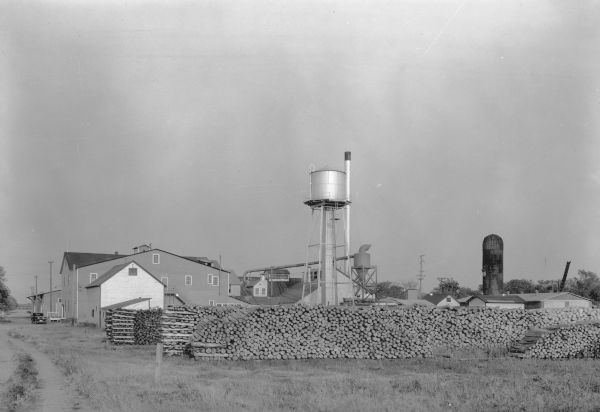 Aspen logs are stacked in rows in front of the buildings of the American Excelsior Company. There are large frame buildings on the left, and a water tower and smokestack in the center, and on the right a silo.