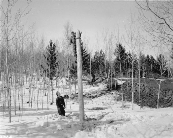 A man with a hammer is working at the top of a telephone pole as a second man is watching from the ground. There is a third man near a man on another pole in the background. Snow is on the ground. The description on the reverse of the photograph reads: "Telephone line construction through a forest near Star Lake, Vilas County."