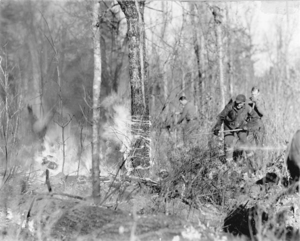 Three men, members of the Civilian Conservation Corps, fighting a forest fire. Two of the men have shovels; the third is directing a stream of water from a back pack toward the flames. A second stream of water is visible on the right. On the reverse of the photograph is written: "CCC boys fighting fire from plow line with back cans."