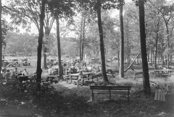 Men, women and children have gathered under the trees at the picnic grounds at Interstate Park. Containers of food have been set out on the picnic tables; there are also park benches throughout the wooded area. Cars are parked in an open area in the background.