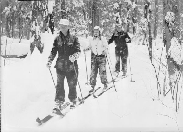 Two men and a woman ski single file through a snowy wooded landscape.  Their clothes are dusted with snow.  The location is identified only as "the woods of northern Wisconsin."
