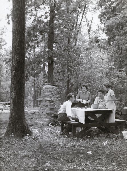 Two men and two women have gathered at a picnic table in New Glarus Woods State Park (established 1934). A small bucket and dishes are sitting on the table which is covered with a tablecloth. There is a large rustic stone fireplace behind them.