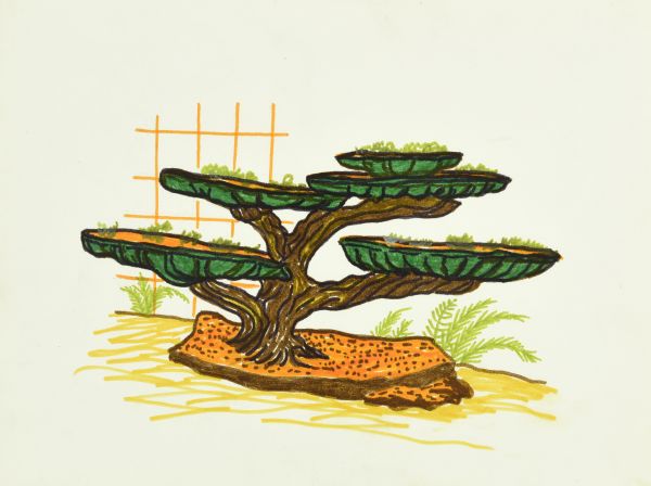Colored ink drawing of a bonsai from The House on the Rock, colored with felt pen in orange, green, brown and yellow. The small tree is sitting in front of an abstract representation of canted windows with their individual glass panes, a hallmark architectural feature of this site. 