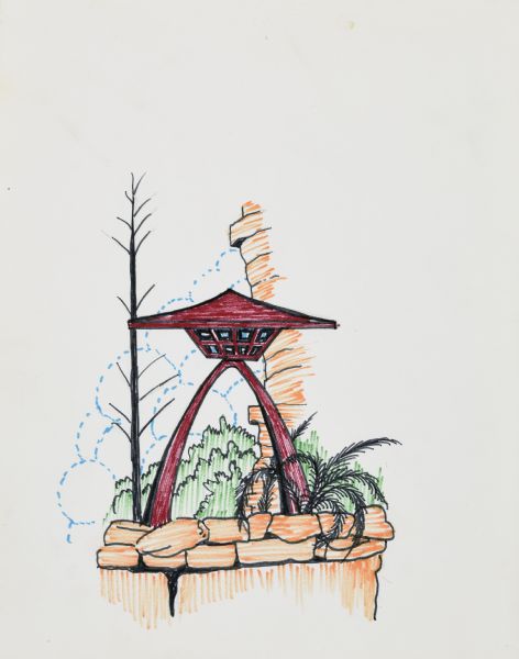 Colored ink drawing on paper of a red metal lantern on a stone wall at The House on the Rock. A denuded tree is on the left, on the face of Deep Shelter Rock. 