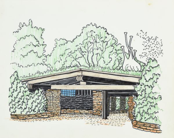 Colored ink drawing on paper of an exterior view of the Mill House, with stone work and wooden architectural roof framing. Cedars flank the entry, planted within beds lined with stone walls. On the roof to the right is a white ceramic cask, similar to the one made by sculptor Alex Jordan.