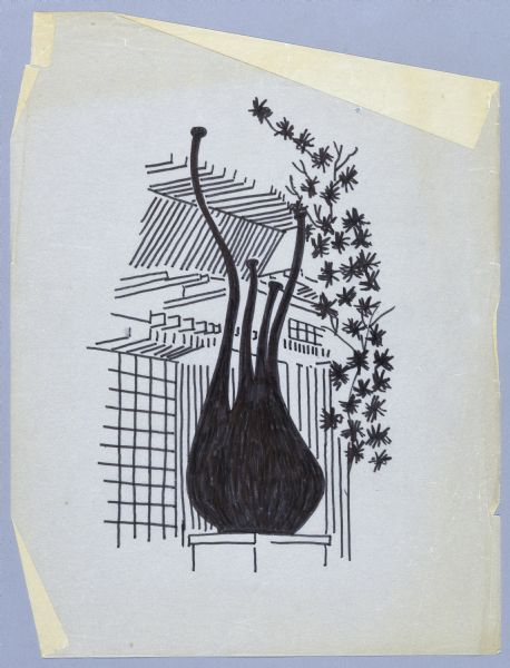 Black ink drawing on tissue paper of a sculptural cask at The House on the Rock, similar to those made by Alex Jordan. The sculpture is sitting on a pedestal center to the composition, flanked on the right by the leaves or flowers of a plant branch, likely a cedar tree. The background is an abstract linear representation of the major architectural elements of this site, showing the canted windows, with their individual glass panes in the lower left, and structural wood beams above.