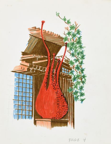 Colored ink drawing on paper of a red sculptural cask at The House on the Rock, similar to those made by Alex Jordan. It is sitting on a pedestal center to the composition, flanked on the right by the leaves or flowers of a plant, likely a cedar tree. The background is an abstract linear representation of the major architectural elements of this site, showing the canted windows with their individual glass panes in the lower left, and structural wood beams.
