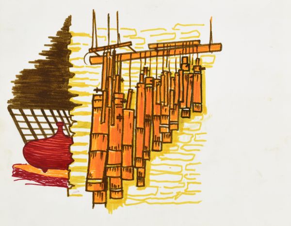 Colored ink drawing on paper of the Garden Room at The House on the Rock. In the foreground, orange bamboo wind chimes are hanging against a yellow stone wall; and in the background, a red ceramic vessel is sitting by brown canted windows with their individual glass panes. 