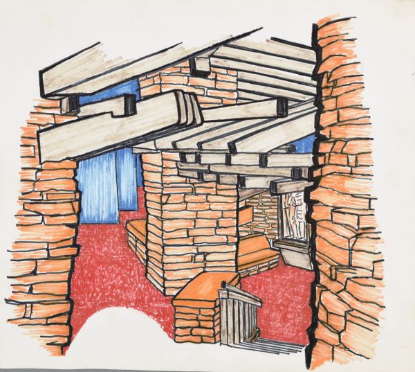 Colored ink drawing on paper of an interior at The House on the Rock. Stone support beams, walls and benches are in orange, flooring is in red, background walls are in blue, and wood ceiling beams are in brown. 