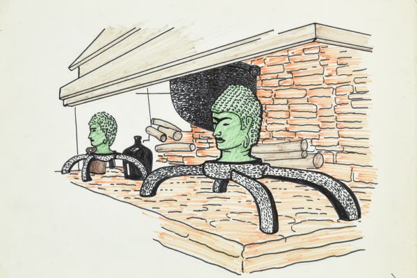 Colored ink drawing of two green Buddha busts in the Mill House at The House on the Rock. The sculptures are sitting on black, four-footed bases that are resting on a stone hearth. Logs are stacked behind the sculptures, and a black jug is behind the Buddha on the left. A large cast iron cauldron is hanging inside the fireplace.  