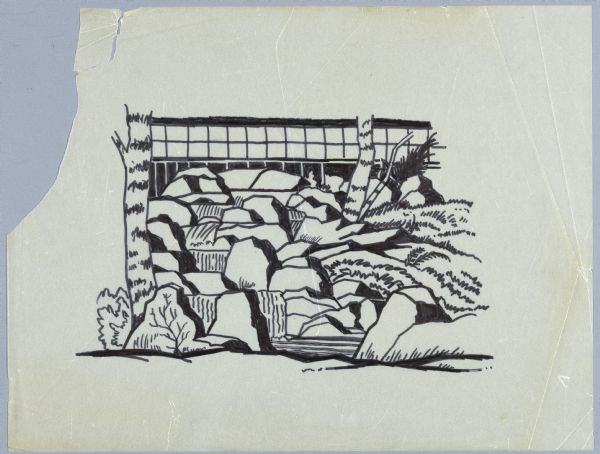Black pen ink drawing on tracing paper of the exterior water feature. There are two rows of square glass windows on the Mill House, and tree trunks, shrubs, grass, and a cascade of water falling down several levels of heavily shaded stones into a pool. 