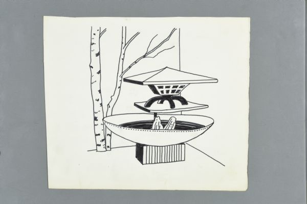 Black ink line drawing of a Japanese garden and lantern at The House on the Rock, in what appears to be the corner of a room. The drawing features a lantern on a base raised above a large bowl which is resting on a block on the ground. The bowl has two stones inside it which are jutting out of a pool of water. A birch tree trunk is in the background on the left.