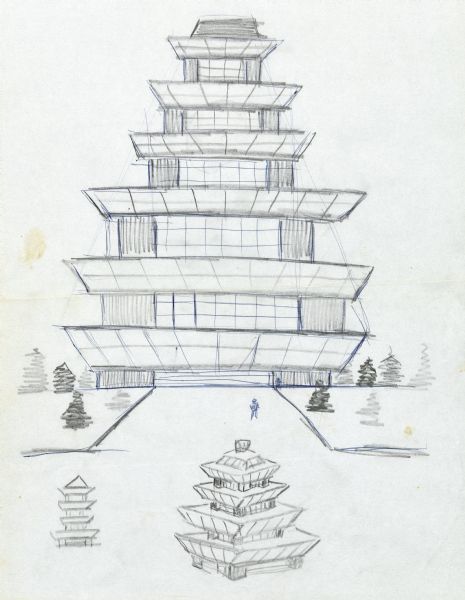 Graphite and blue ink line drawing of Sid Boyum's study on pagodas. The drawing of the central pagoda towers over the landscape, with pine trees on the grounds, and two pedestrians. In the foreground on the main walkway are two smaller pagodas of varying perspectives.