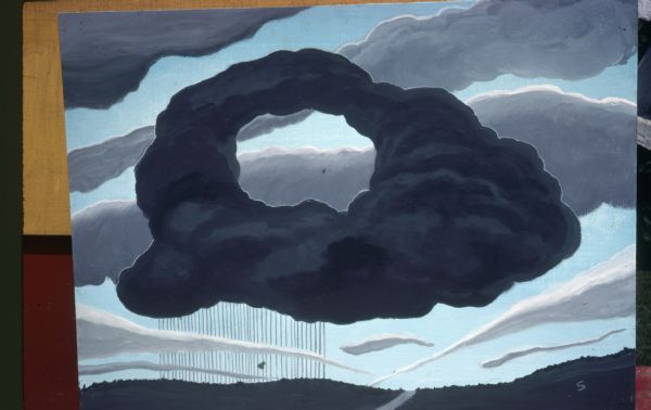 Photograph of an original oil painting of a dramatic sky scene by Sid Boyum. The works shows a broad cloudy sky over a dark rural landscape, divided by a narrow road. Hanging over this countryside, and centrally located in the composition, is a large black "donut-shaped" cloud with silvered edges. Rain in straight lines falls abstractly from the lower left edge of this cloud. The canvas is propped against a yellow and red wall. A gray letter "S" in the lower right hand corner suggests attribution to Sid.