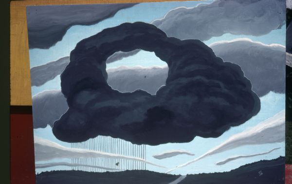 Photograph of an original oil painting of a dramatic sky scene by Sid Boyum. The works shows a broad cloudy sky over a dark rural landscape, divided by a narrow road. Hanging over this countryside, and centrally located in the composition, is a large black "donut-shaped" cloud with silvered edges. Rain in straight lines falls abstractly from the lower left edge of this cloud. The canvas is propped against a yellow and red wall. 

A gray letter "S" in the lower right hand corner suggests attribution to Sid.