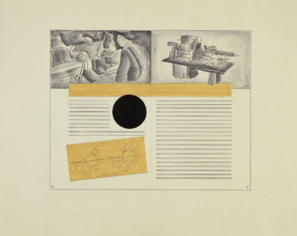 Layout of pages 8 and 9 for a Gisholt Machine Company promotional brochure. The drawing is rendered on tissue paper in graphite and yellow and black pastel. Images of the lathe are pictured on facing pages showing one with an operator in work clothes, glasses and hat, and two other images as an angled profile, and a technical drawing. Horizontal lines indicate space where text would appear, and a bold, black circle occupies negative space by the midline on page 8.