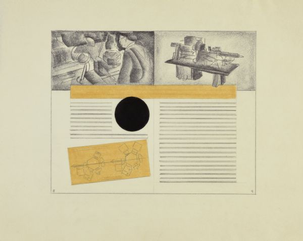 Layout of pages 8 and 9 for a Gisholt Machine Company promotional brochure. The drawing is rendered on tissue paper in graphite and yellow and black pastel. Images of the lathe are pictured on facing pages showing one with an operator in work clothes, glasses and hat, and two other images as an angled profile, and a technical drawing. Horizontal lines indicate space where text would appear, and a bold, black circle occupies negative space by the midline on page 8. 