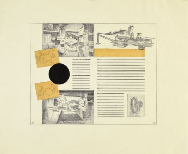 Layout of pages 14 and 15 for a Gisholt Machine Company promotional brochure. The drawing is rendered on tissue paper in graphite and yellow and black pastel. Images of lathe machines are pictured on facing pages as closeups, an angled profile and two technical drawings. Horizontal lines indicate space where text would appear and a bold, black circle occupies negative space on page 14.
