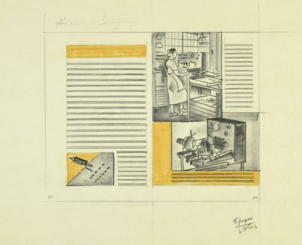 Layout of pages 28 and 29 for a Gisholt Machine Company promotional brochure. The drawing is rendered on tissue paper in graphite and yellow and black pastel. Cursive text on the masthead of page 28 reads: "Hoover Company." Images on the double page spread show a close-up of the machine work, profile of a machine, and a female operator in work clothes and an apron standing at work station by a window with small panes. Horizontal lines indicate space where text would appear. Design editor's instructions are handwritten in the lower right-hand corner.