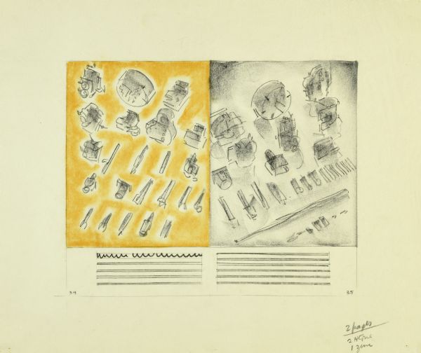 Layout of pages 34 and 35 for a Gisholt Machine Company promotional brochure. The drawing is rendered on tissue paper in graphite and yellow and black pastel. Images on the double page spread show an array of manufactured machine parts. Horizontal lines indicate space where text would appear. Design editor's instructions are handwritten in the lower right-hand corner.