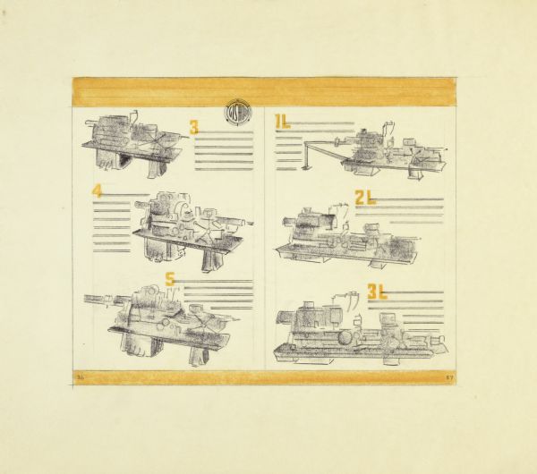 Layout of pages 36 and 37 for a Gisholt Machine Company promotional brochure. The drawing is rendered on tissue paper in graphite and yellow and black pastel. Images on the double page spread show six different models of lathes. Horizontal lines indicate space where descriptive text would appear. 