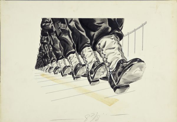 Illustration art of American World War II soldiers walking single file on a wooden planked bridge with guide rope. The foreshortening perspective shows booted feet covered in canvas, lace-up gaiters receding to more of the side body with full-leg, waist, and arm. The men who are more fully visible are carrying rifles over their shoulders and have ammunition belts. Design editor's instructions are handwritten on the bottom of the page.