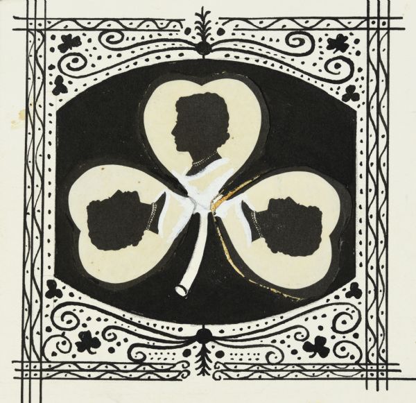 A square decorative border surrounds three cameos of a profile silhouette of a woman wearing a choker of pearls. Each profile is in a heart pasted into the shape of a three-leafed clover. This is a pen-and-ink paste-up for a card.