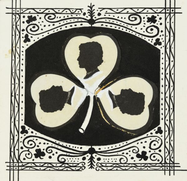 A square decorative border surrounds three cameos of a profile silhouette of a woman wearing a choker of pearls. Each profile is in a heart pasted into the shape of a three-leafed clover. This is a pen-and-ink paste-up for a card. 