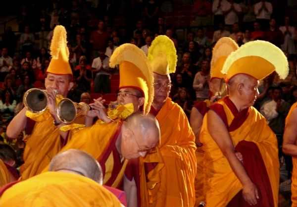 His Holiness, the Dalai Lama and entourage, including, Khensur Jangste Choje Rinpoche, and Geshe Donyo, at the Alliant Center. 
