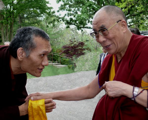 Yangsi Rinpoche greeting His Holiness, the Dalai Lama at the Deer Park Buddhist Center.