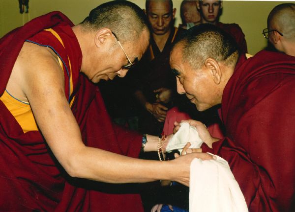 His Holiness the Dalai Lama and Geshe L Sopa greeting each other at the Deer Park Buddhist Center.