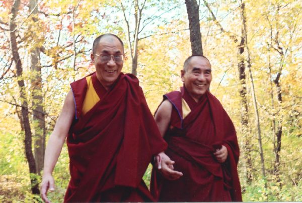His Holiness, the Dalai Lama and Geshe L Sopa walking in the woods at the Deer Park Buddhist Center.
