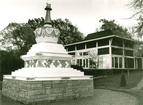 View of the Deer Park Buddhist Center Kalachakra stupa (reliquary) looking toward the original temple where His Holiness, the Dalai Lama performed the Kalachakra ceremony in 1981. The stupa was constructed from 1986-1989,